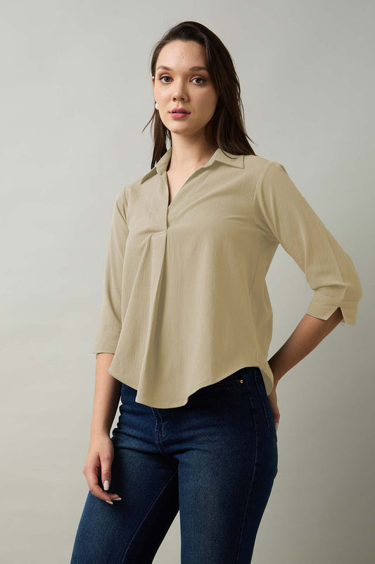 Buy Beige Box Pleated Collared Top by SNEHA B