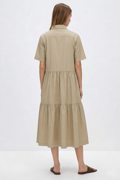 Beige Button Tiered Midi Dress