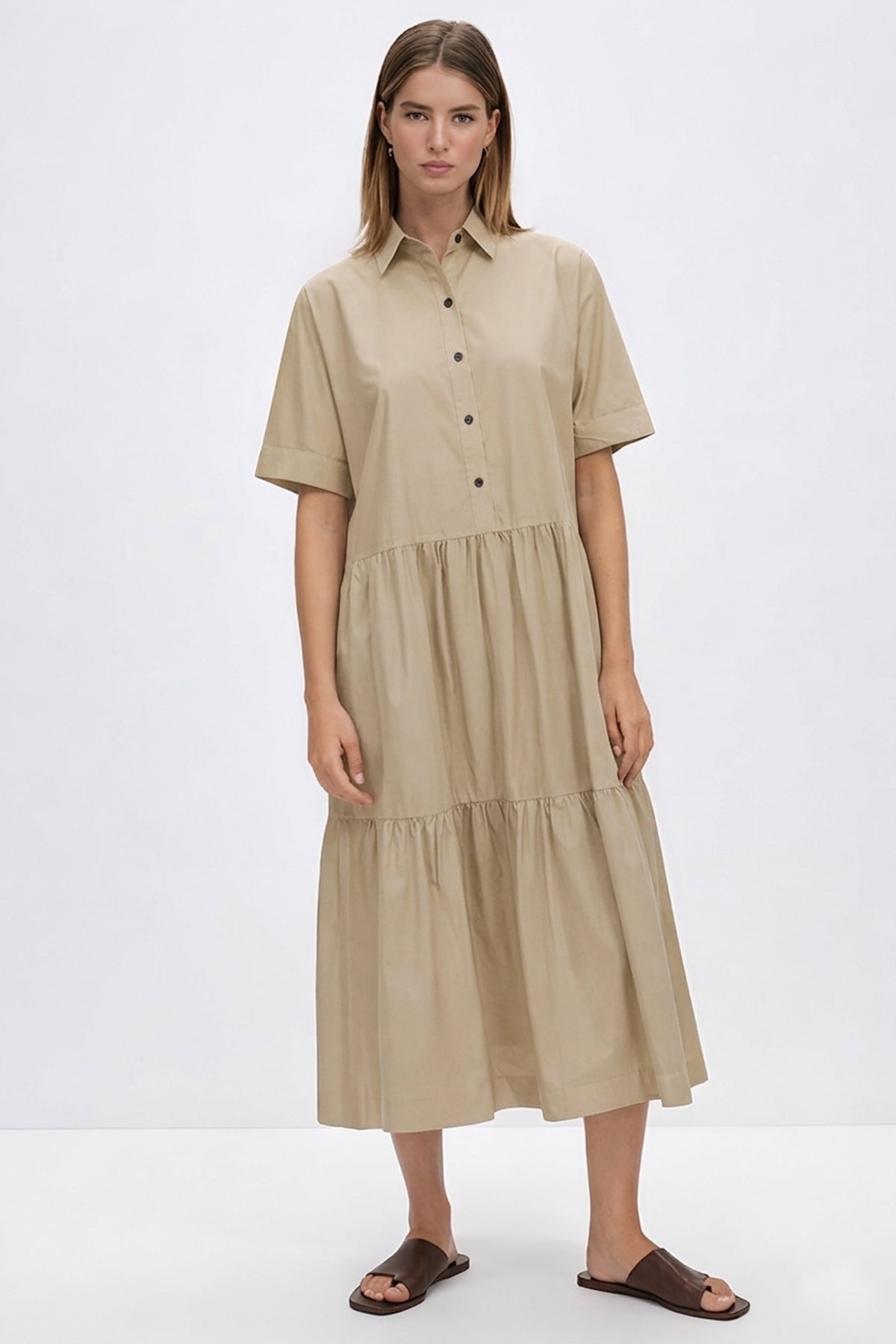 Beige Button Tiered Midi Dress