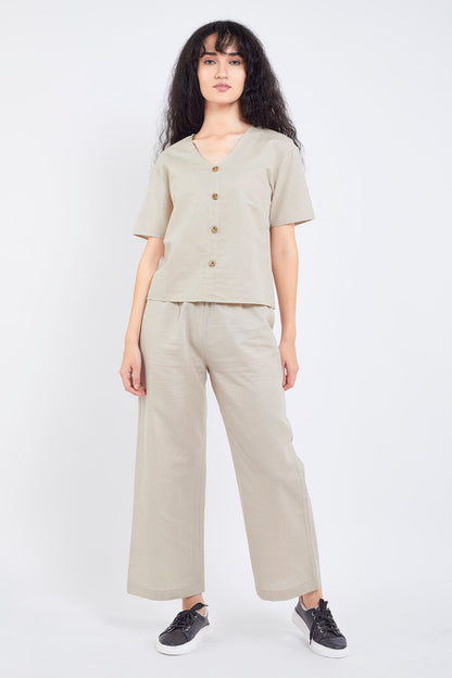 Beige Cotton Linen Ankle Pant