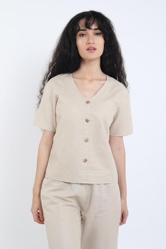 Beige Cotton Linen Button Top