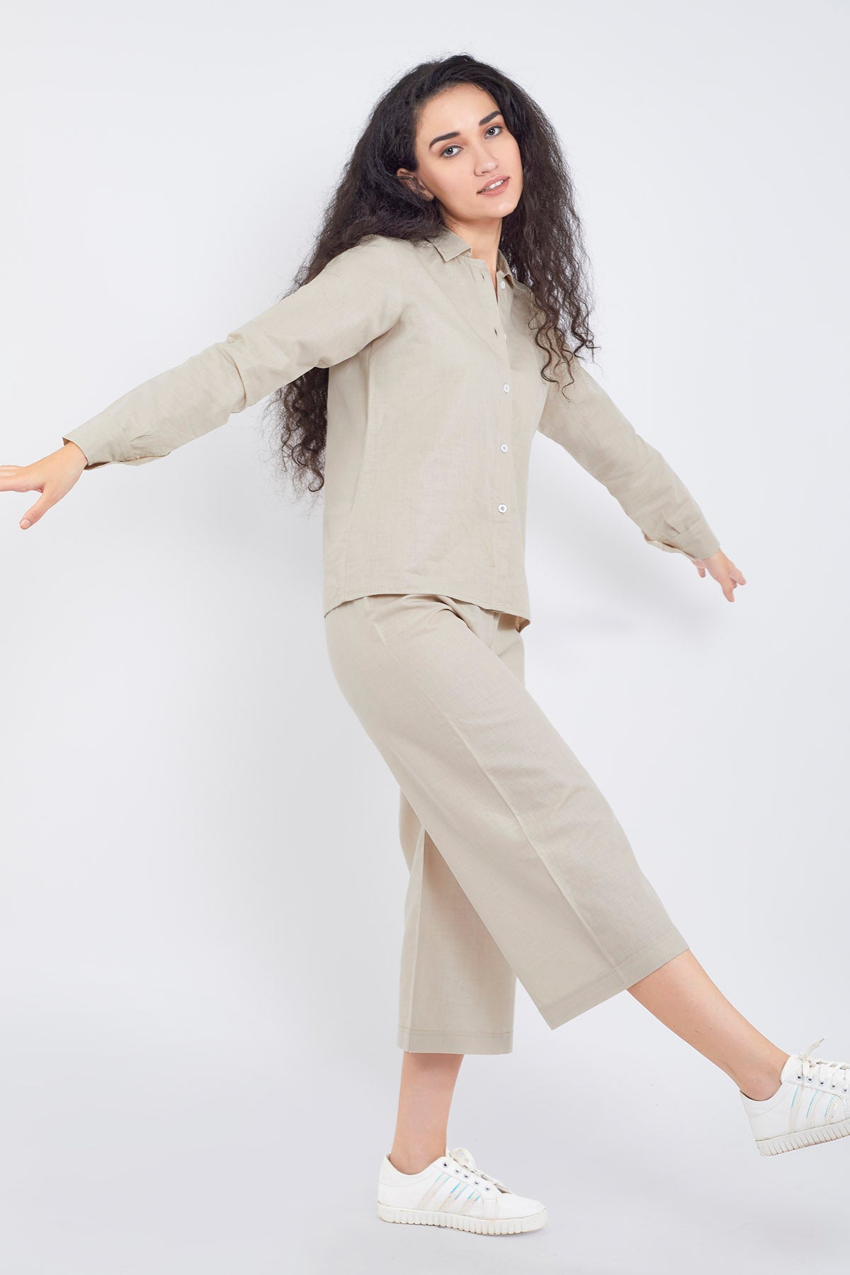 Beige Cotton Linen Flare Pant