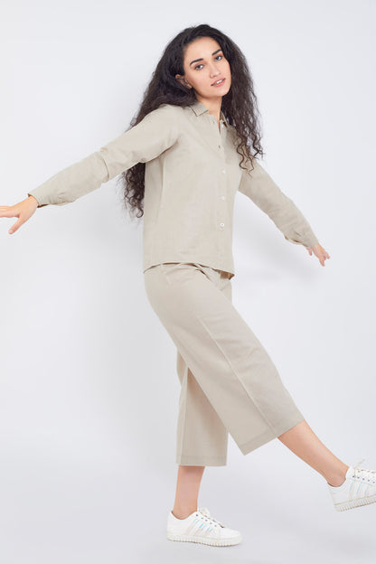 Beige Cotton Linen Flare Pant