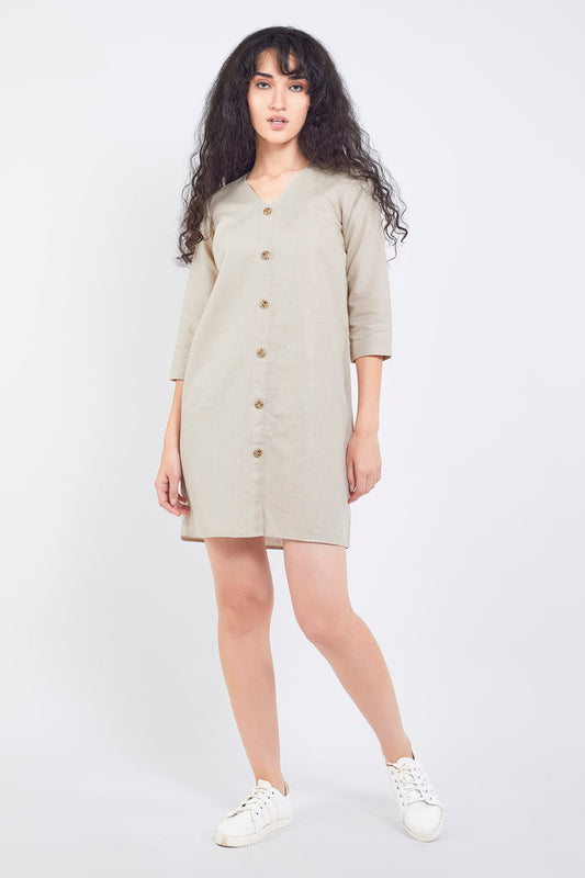 Beige Cotton Linen Mini Dress