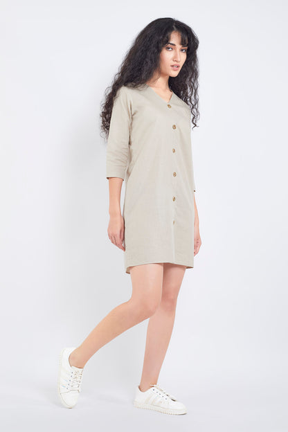 Beige Cotton Linen Mini Dress