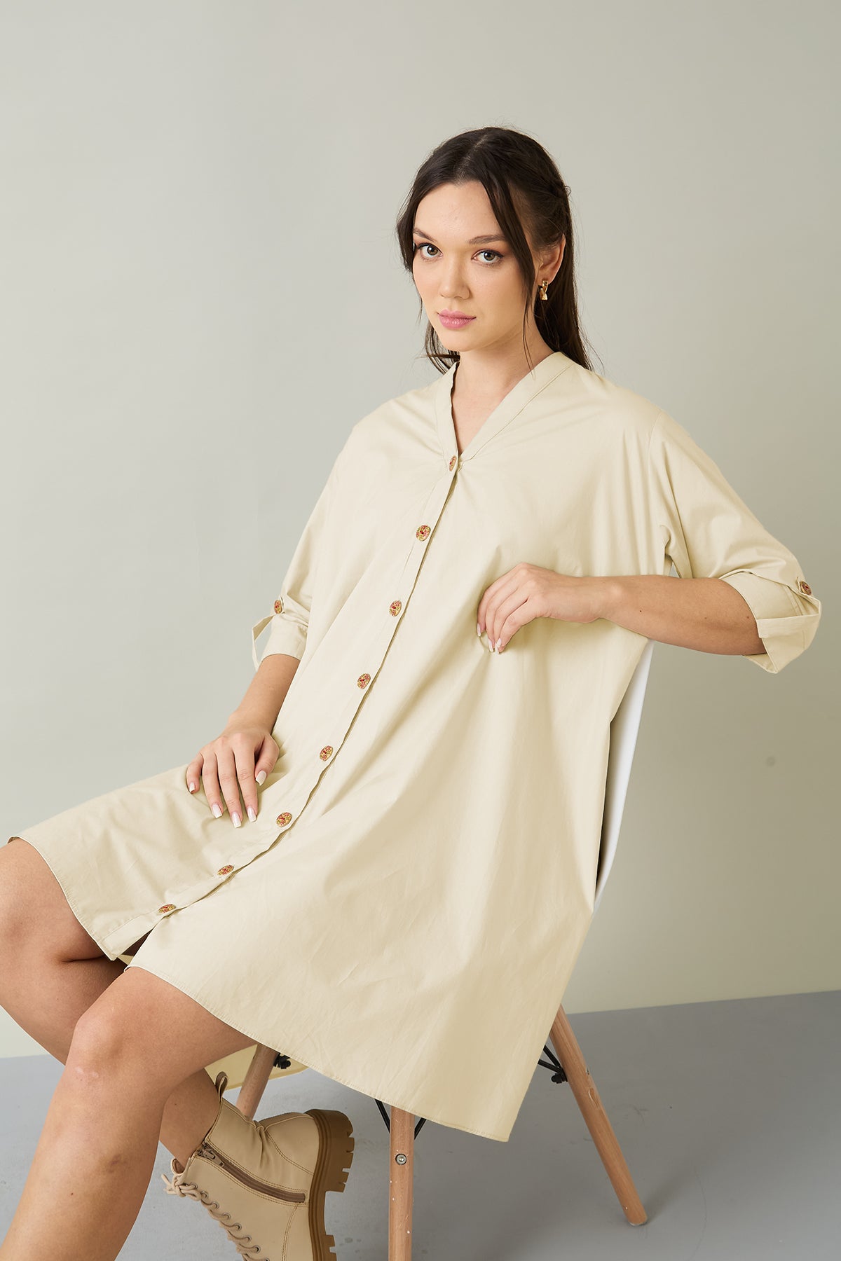 Beige Cotton Oversized Dress