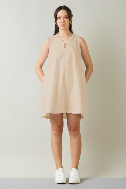 Beige Cotton Sleeveless Dress