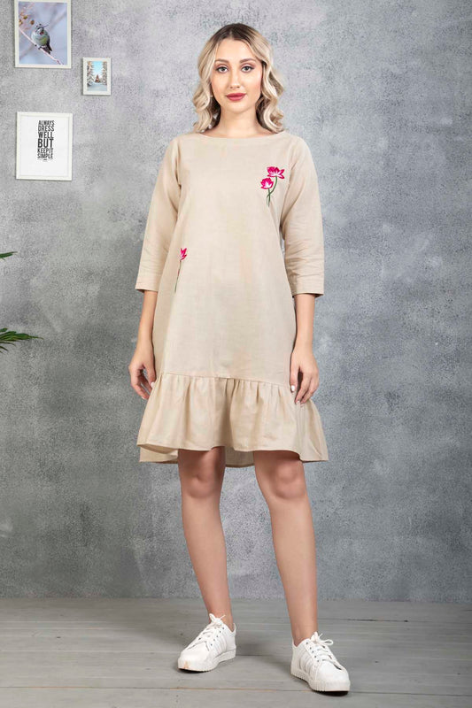 Buy Beige Floral Embroidered Dress by SNEHA B
