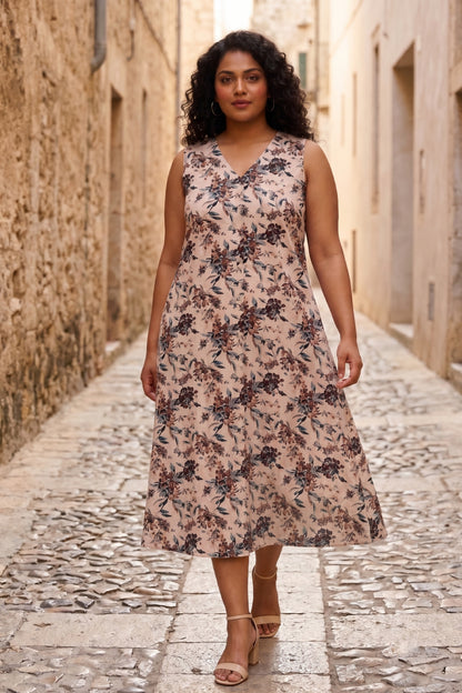 Beige Floral Print Midi Dress