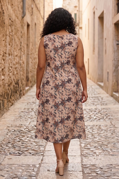 Beige Floral Print Midi Dress