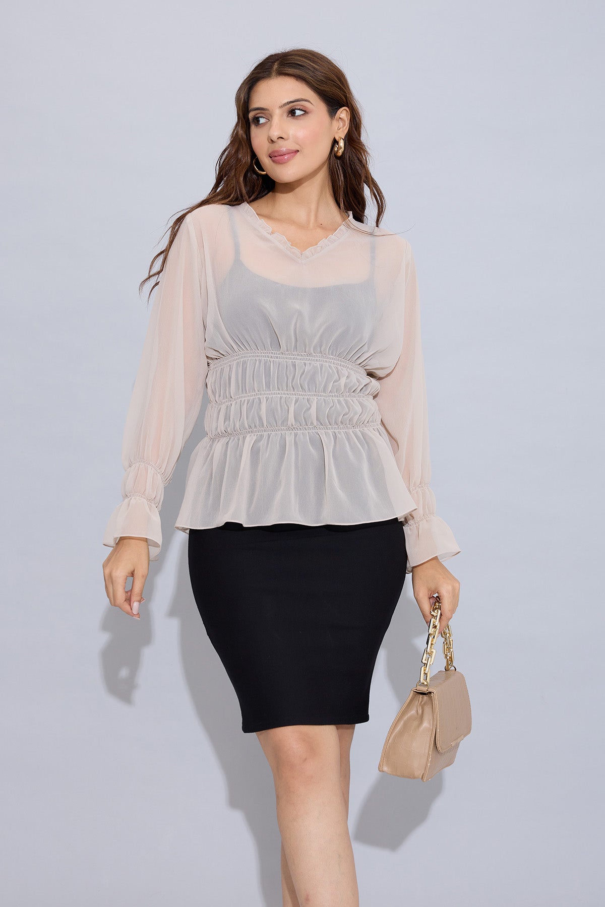 Beige Georgette Smock Style Top