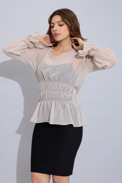Beige Georgette Smock Style Top