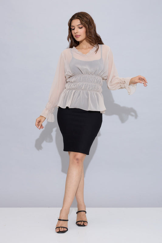 Beige Georgette Smock Style Top