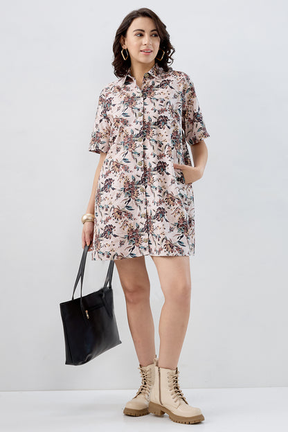 Beige Print Pure Cotton Dress