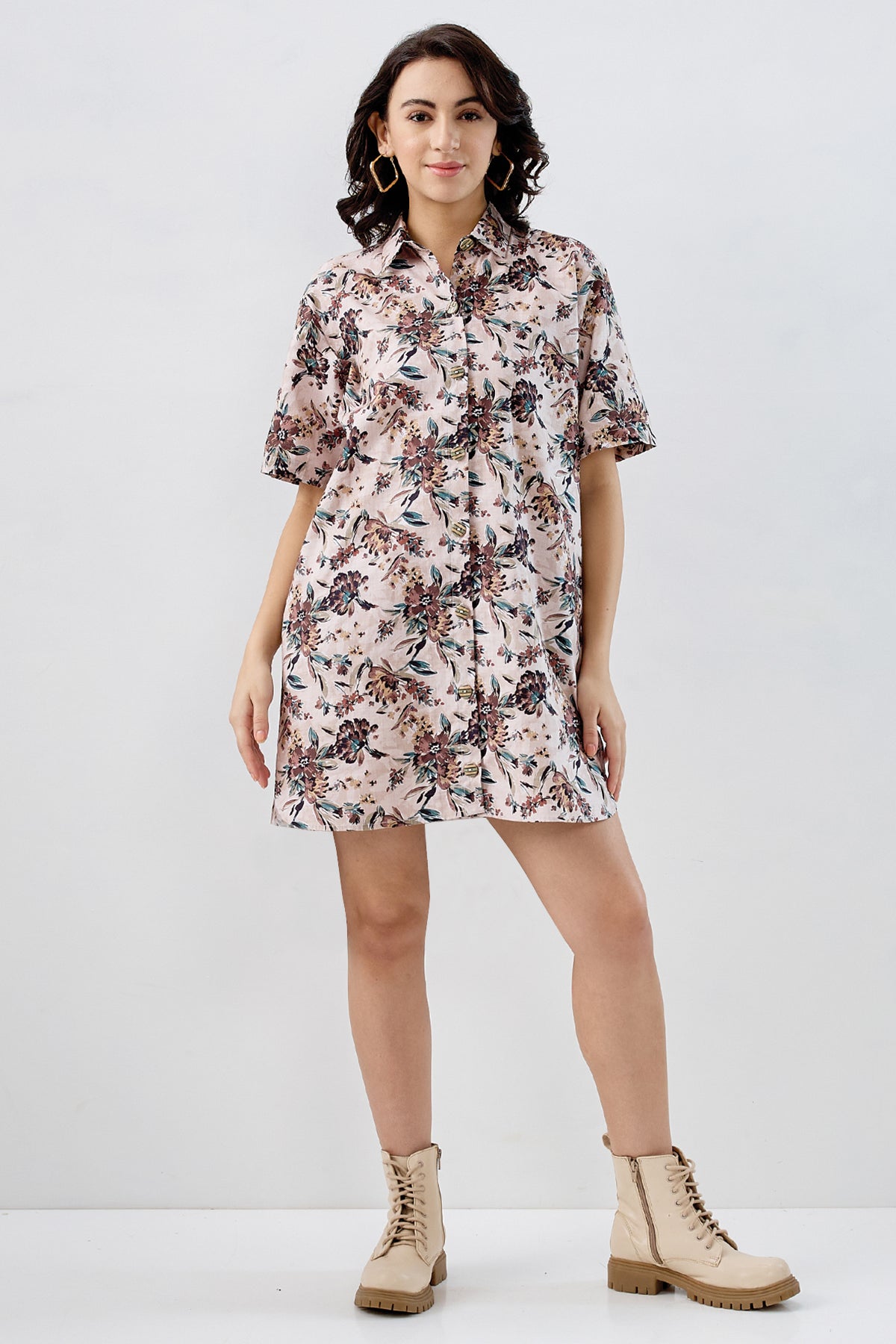 Beige Print Pure Cotton Dress