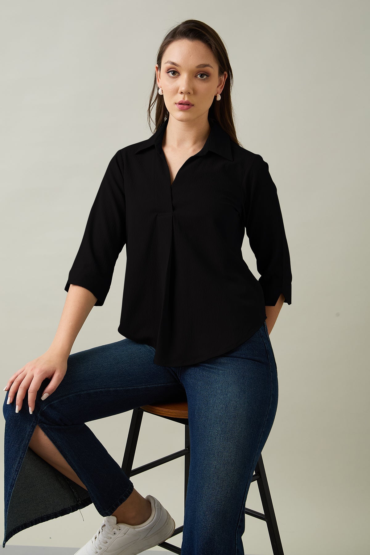 Buy Black Box Pleated Collared Top by SNEHA B