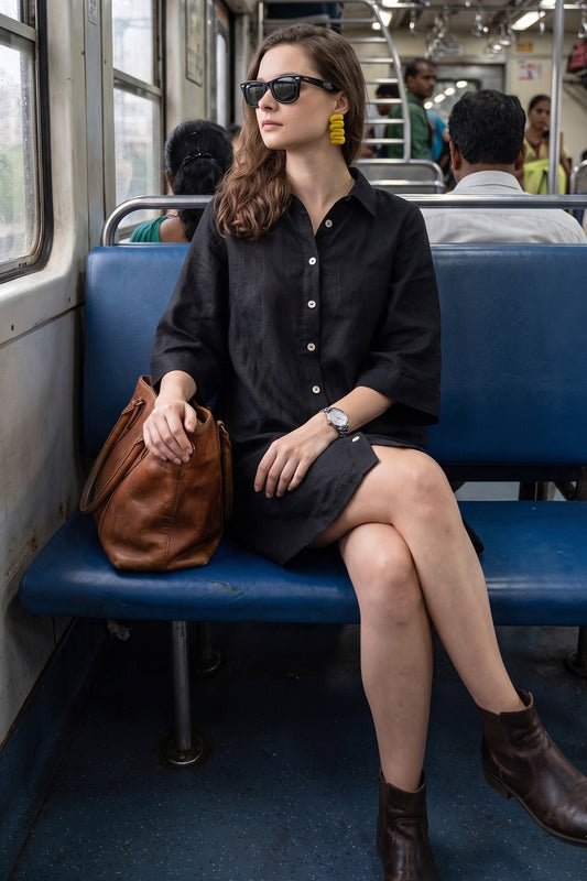 Black Button Collar Shirt Dress