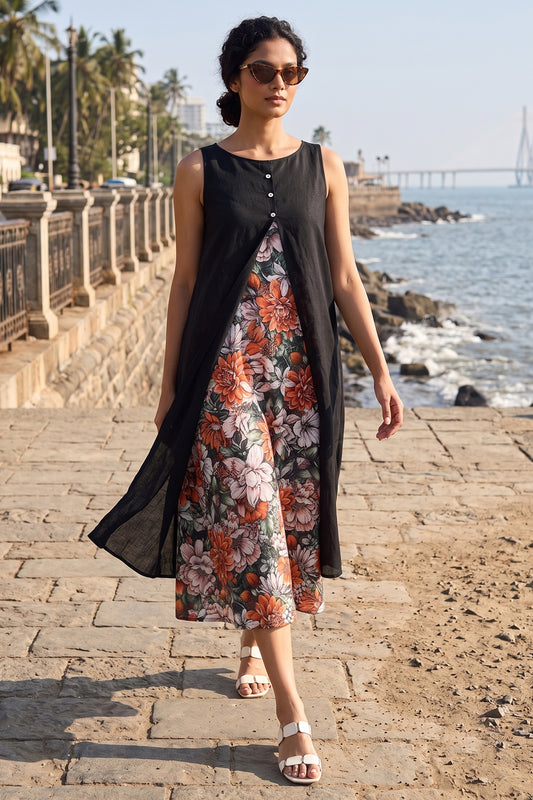 Black Cotton Front Open Dress