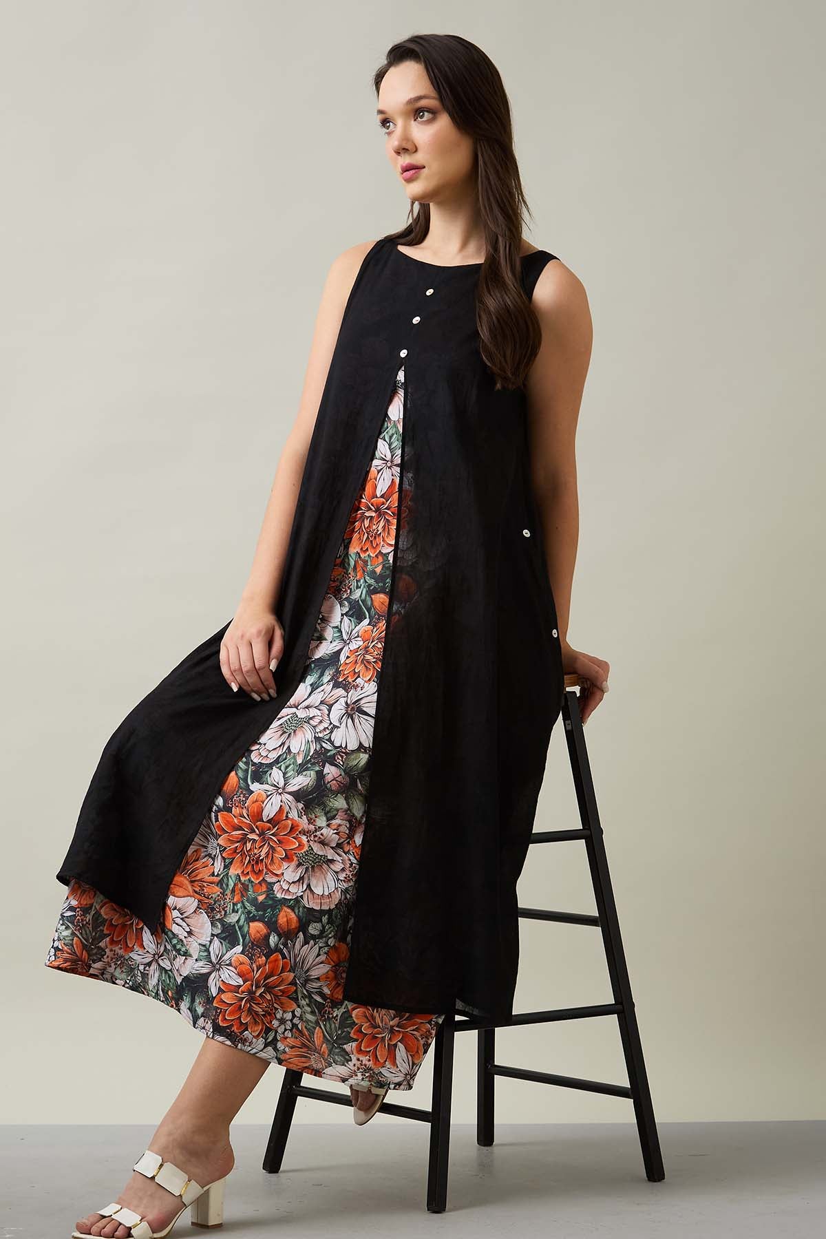 Black Cotton Front Open Dress