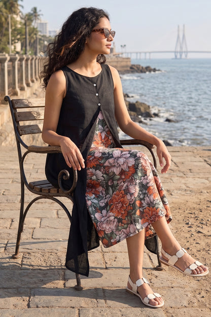Black Cotton Front Open Dress