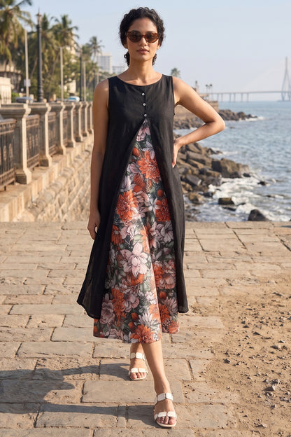 Black Cotton Front Open Dress