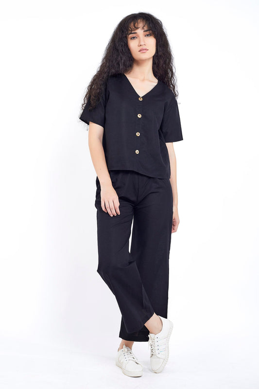 Black Cotton Linen Ankle Pant