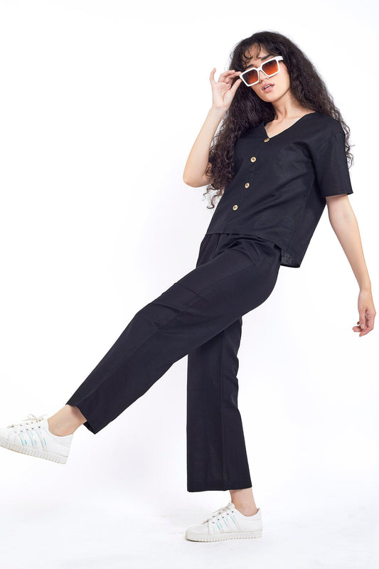 Black Cotton Linen Button Top