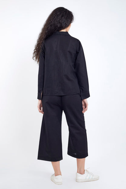 Black Cotton Linen Collar Shirt