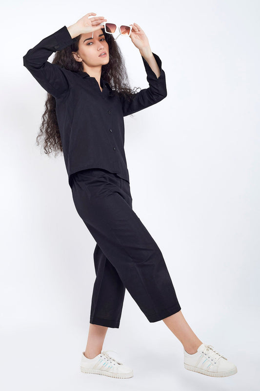 Black Cotton Linen Collar Shirt