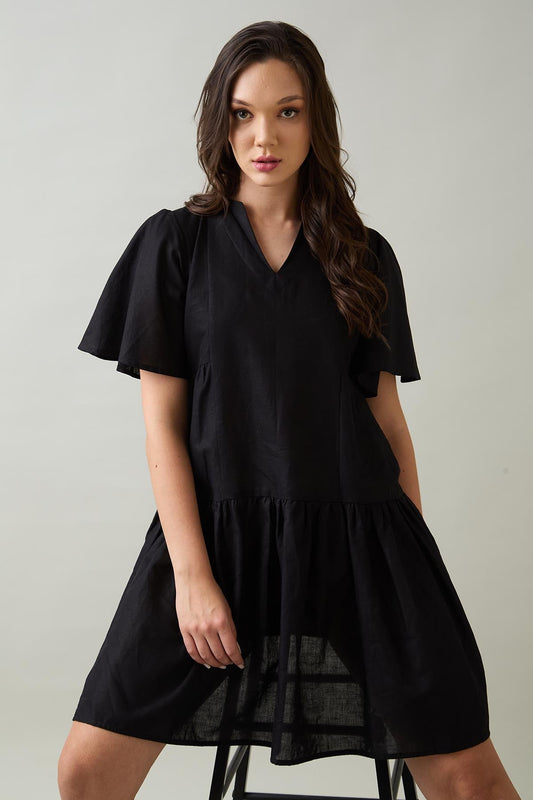 Buy Black Cotton Linen Flare Dress by SNEHA B