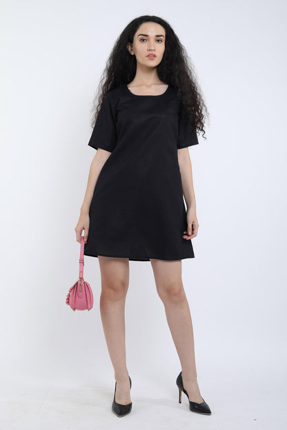Black Cotton Linen Loose Dress