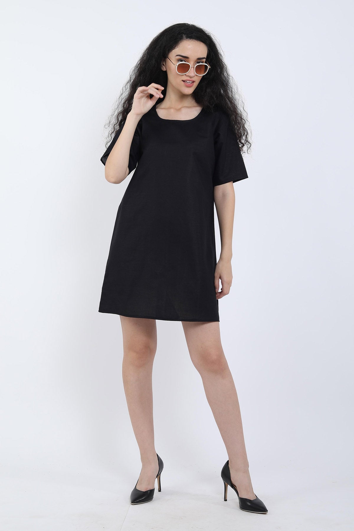 Black Cotton Linen Loose Dress