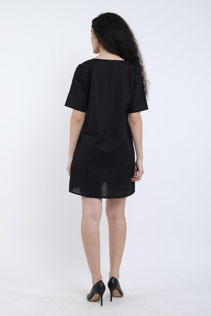 Black Cotton Linen Loose Dress