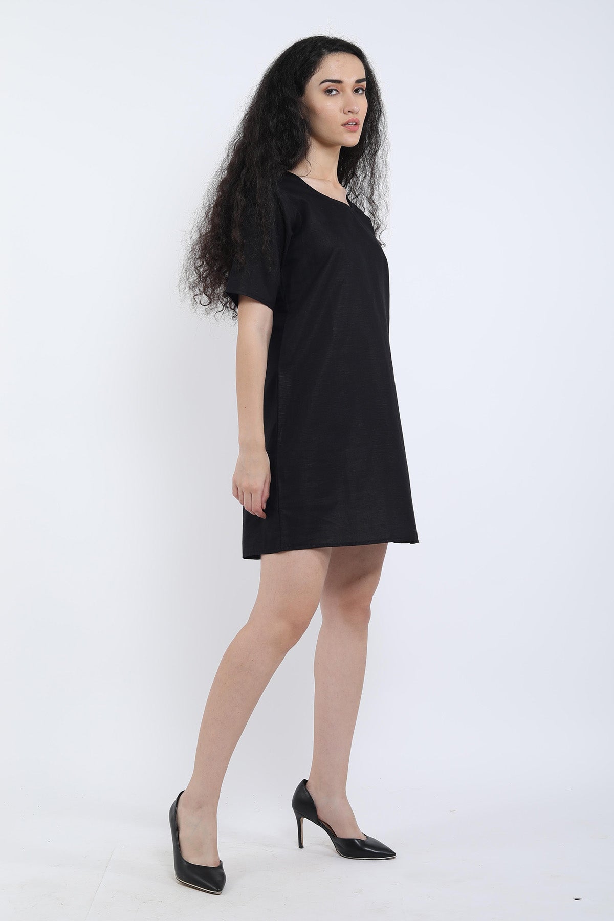 Black Cotton Linen Loose Dress