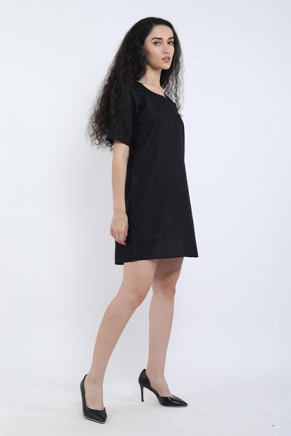 Black Cotton Linen Loose Dress