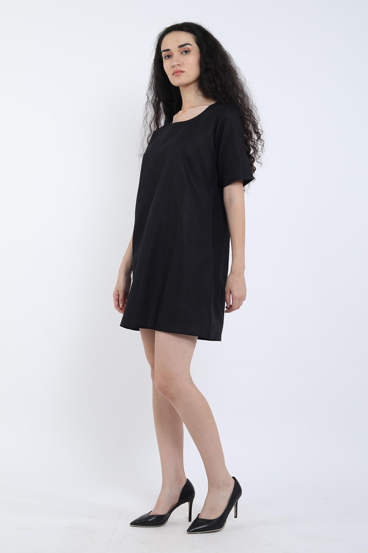 Black Cotton Linen Loose Dress