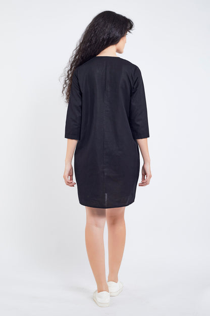 Black Cotton Linen Mini Dress