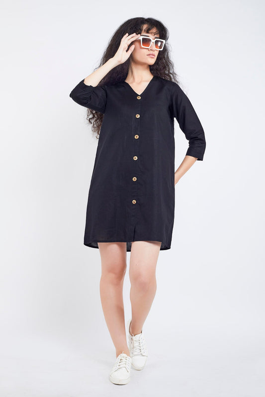 Black Cotton Linen Mini Dress