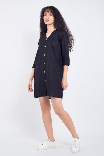 Black Cotton Linen Mini Dress