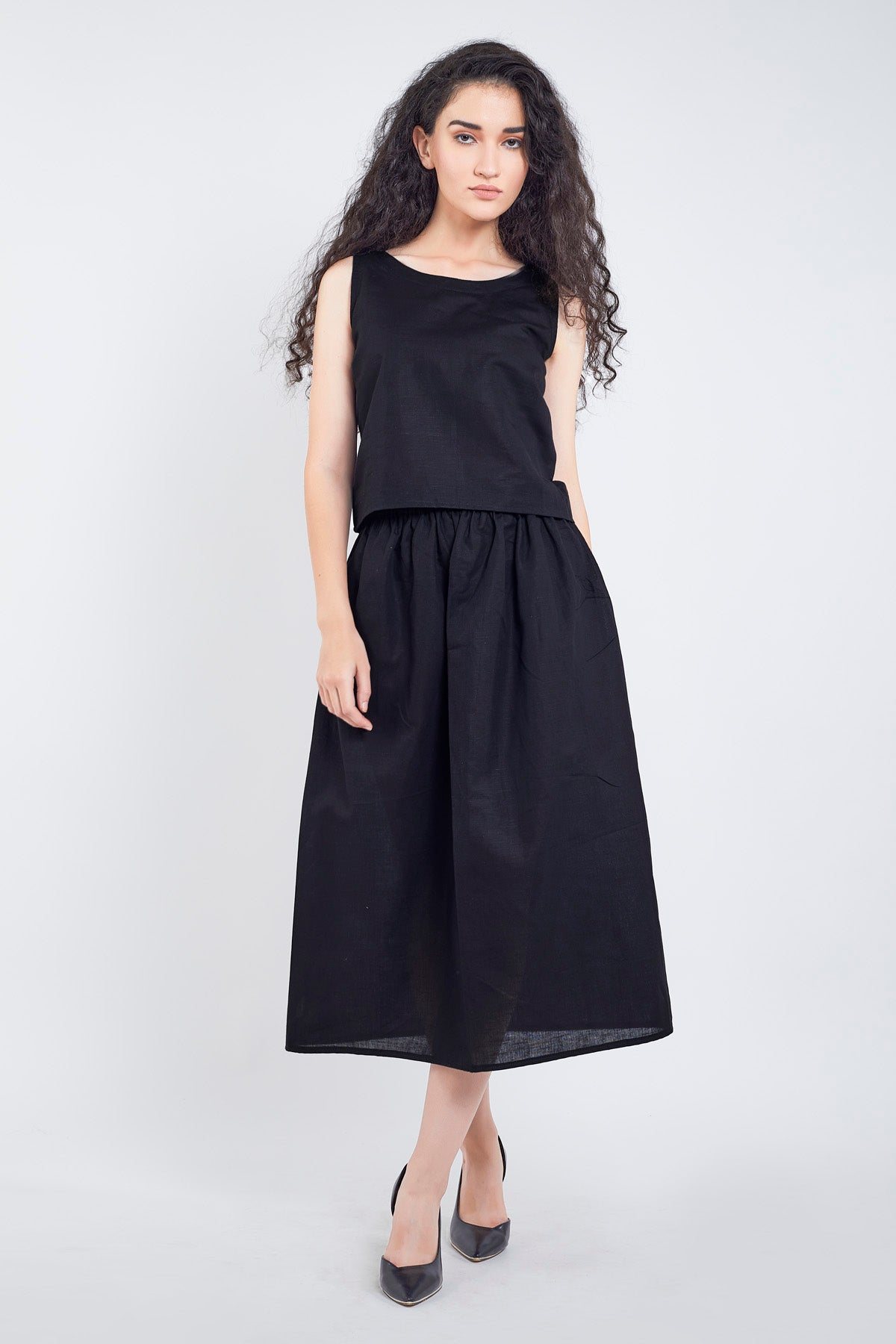 Black Cotton Linen Skirt Set