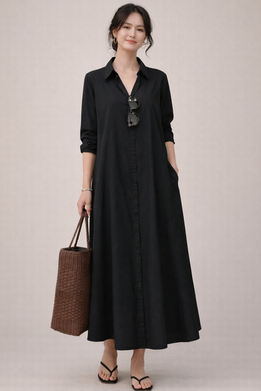 Shop Black Cotton Maxi Shirt Dress for women by SNEHA B