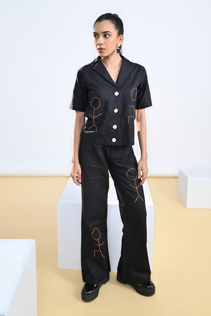 Black Embroidered Cotton Linen Pants