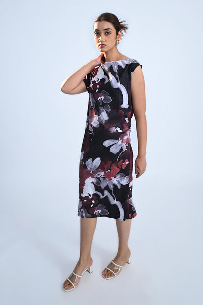 Black Floral Cowl Dress