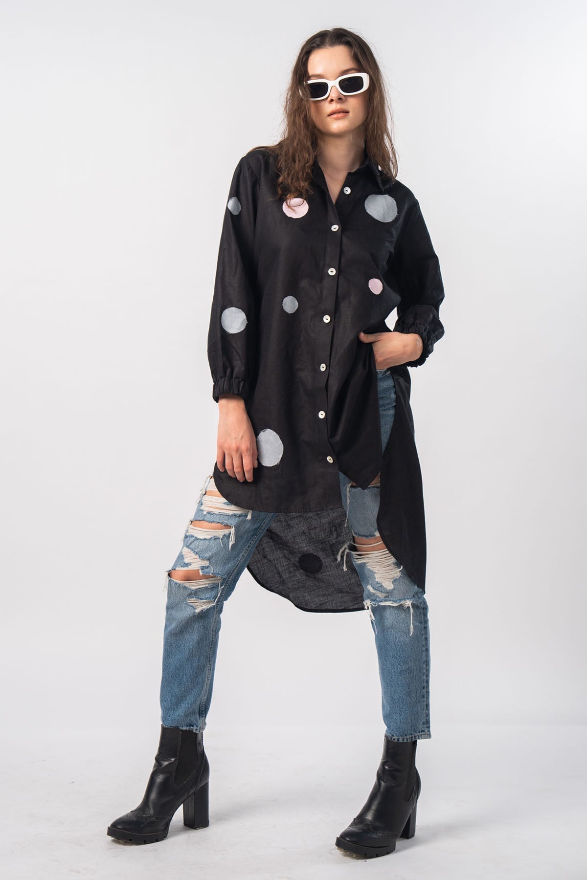 Buy Black Polka Dot Patchwork Shirt by SNEHA B