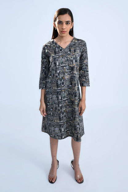 Black Printed Cotton Satin Dress