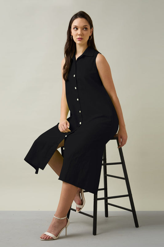 Buy Black Sleeveless Shirt Dress by SNEHA B