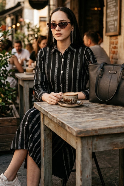 Black Stripes Midi Shirt Dress