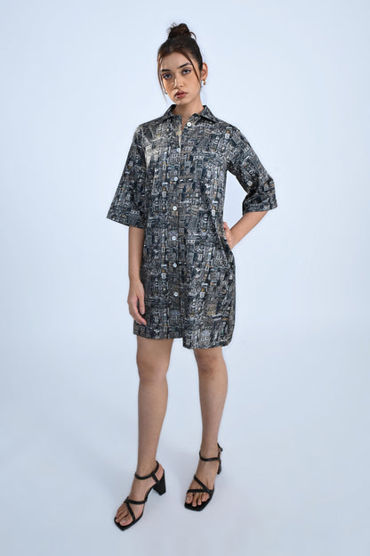 Black Traffic Print Shirt Dress