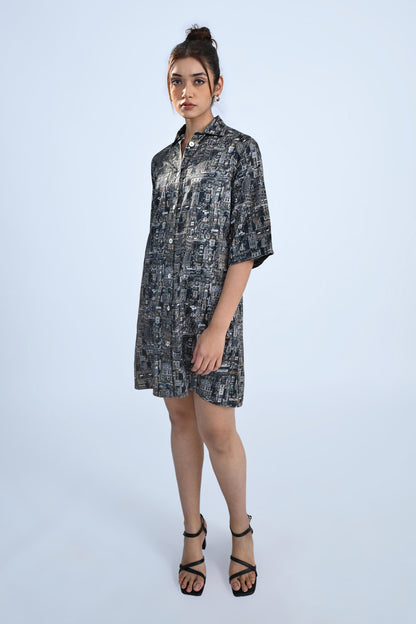 Black Traffic Print Shirt Dress
