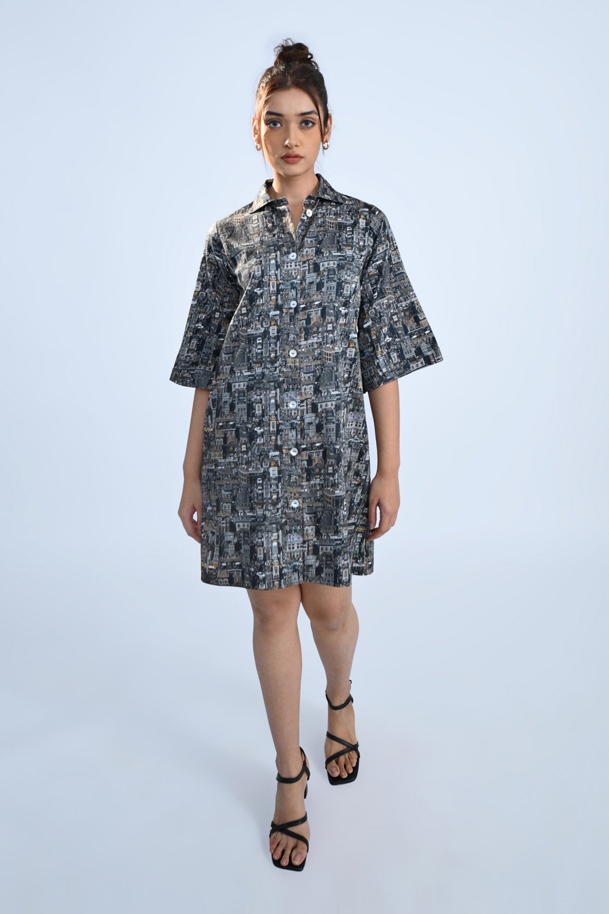 Black Traffic Print Shirt Dress